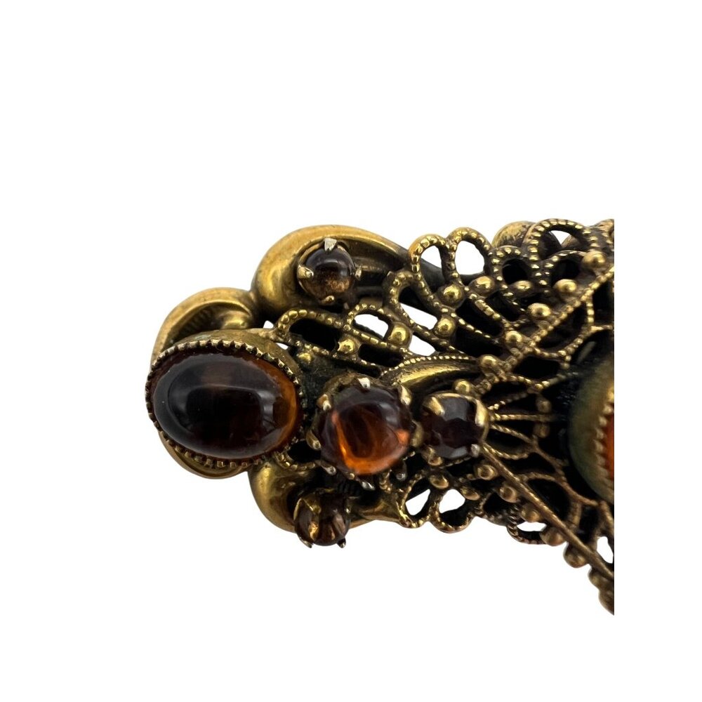 Vintage Original By Robert Amber Glass Cabochon Filigree Bar Brooch Rhinestones - Picture 6 of 9